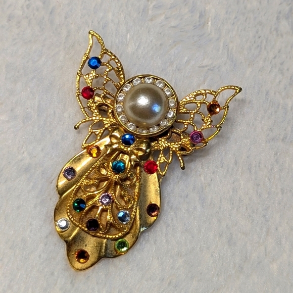 Vintage Goldtone and Rhinestone Angel Christmas Brooche - Picture 2 of 9